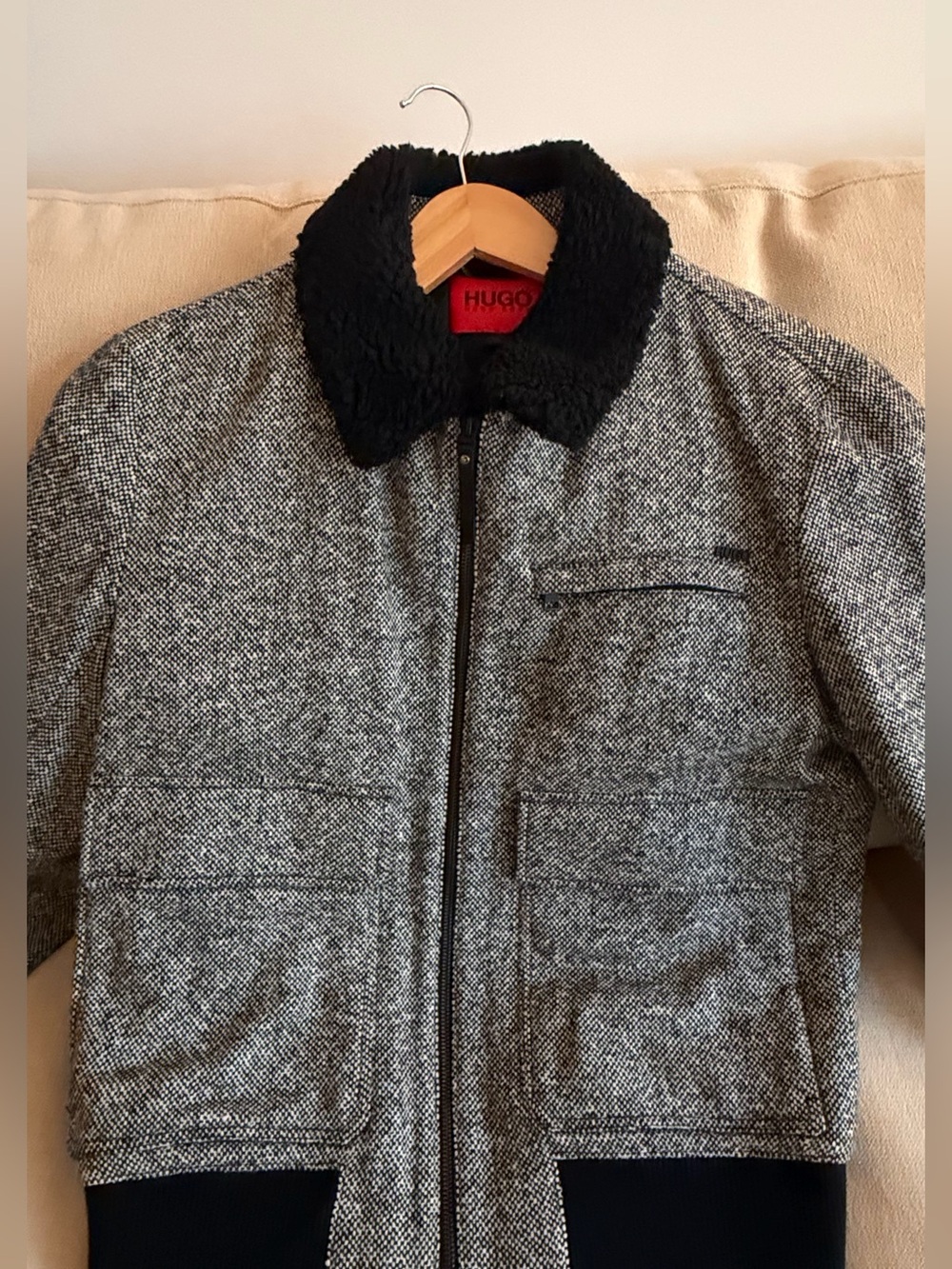 Hugo Boss Black and Gray Wool-Blend Bomber Jacket with Shearling Collar